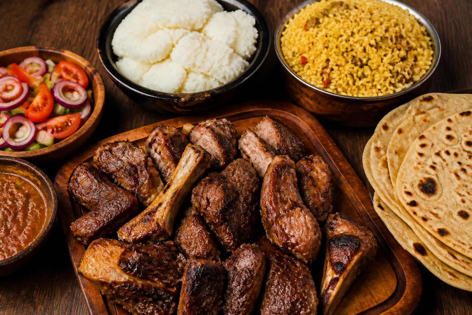 Kenyan feast of nyama choma, ugali, pilau and chapati